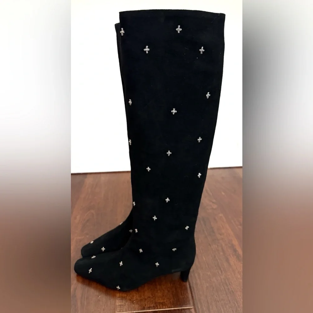 NWT STAUD Wally Suede Crystal embellished Tall Boots in Black Celestial Size 8 - Picture 10 of 17